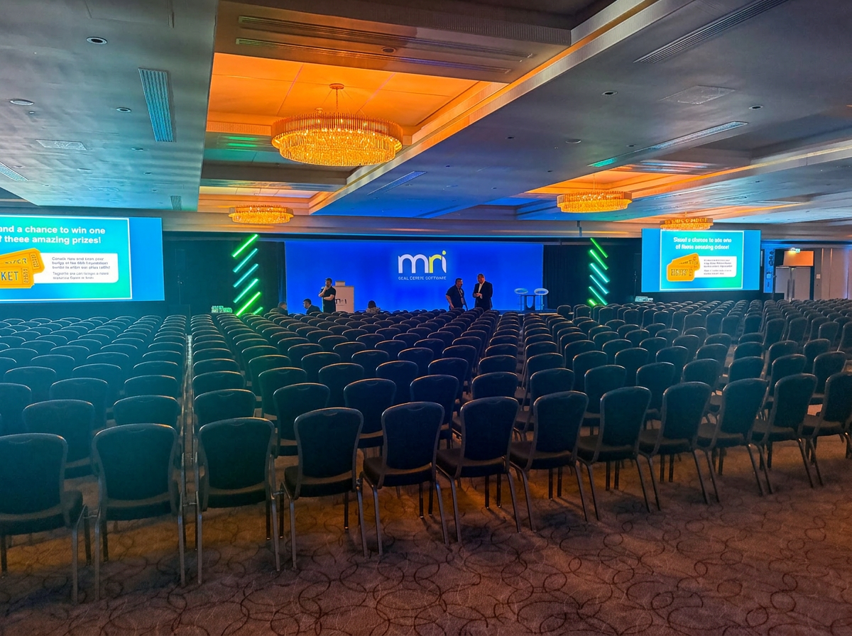 Main auditorium at MRI Ascend EMEA 2026, Intercontinental O2, London — MRI Software stage backdrop